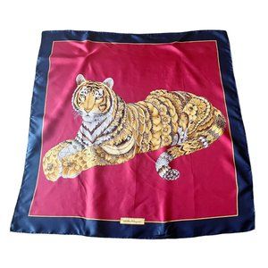 SALVATORE FERRAGAMO Rare! Silk Scarf 34 x 34 in Gold Tiger Red Blue Italy